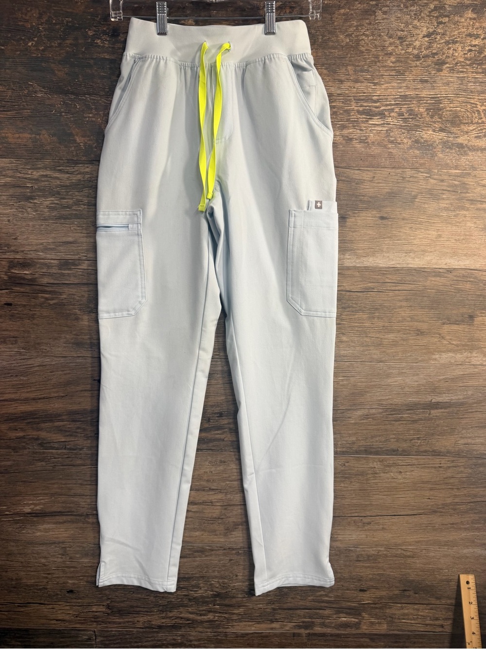 Figs Pale Blue Scrub Pants with Neon Yellow Drawcord